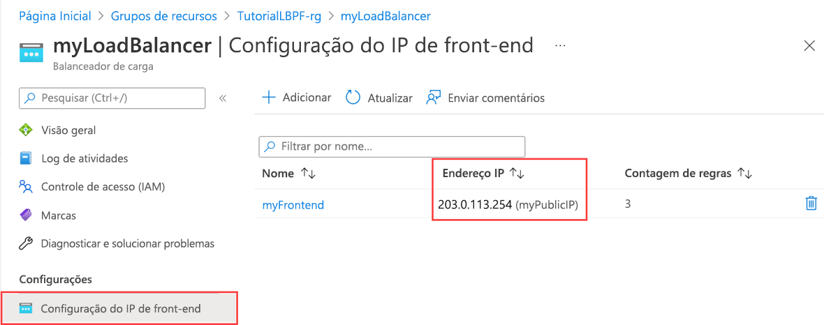 Captura de tela de IP público no portal do Azure.