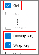 Captura de tela que mostra as permissões do Azure Key Vault.