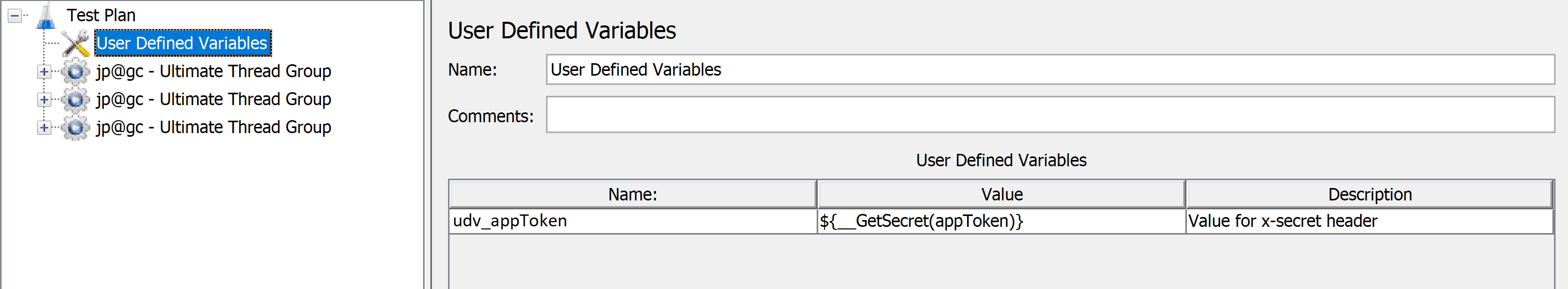 Captura de tela que mostra como adicionar variáveis definidas pelo usuário ao seu script do Apache JMeter.