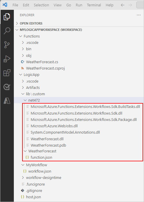 A captura de tela mostra o Visual Studio Code e o espaço de trabalho do aplicativo lógico com o projeto de funções do .NET e o projeto de aplicativo lógico, agora com os assemblies gerados e outros arquivos necessários.