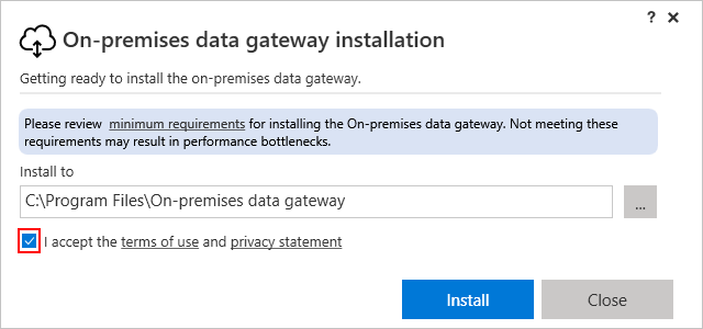 Captura de tela do instalador de gateway, com um link de requisitos mínimos, um caminho de instalação e uma caixa de seleção realçada para aceitar os termos.