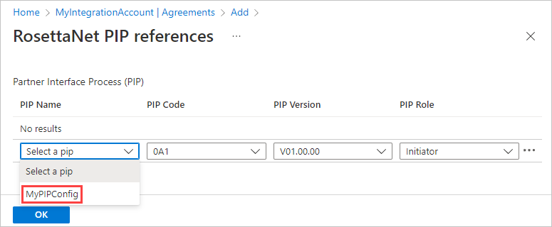 Captura de tela que mostra uma tabela de informações de PIP que tem uma linha. Essa linha contém valores padrão, exceto o nome MyPIPConfig, que está selecionado.