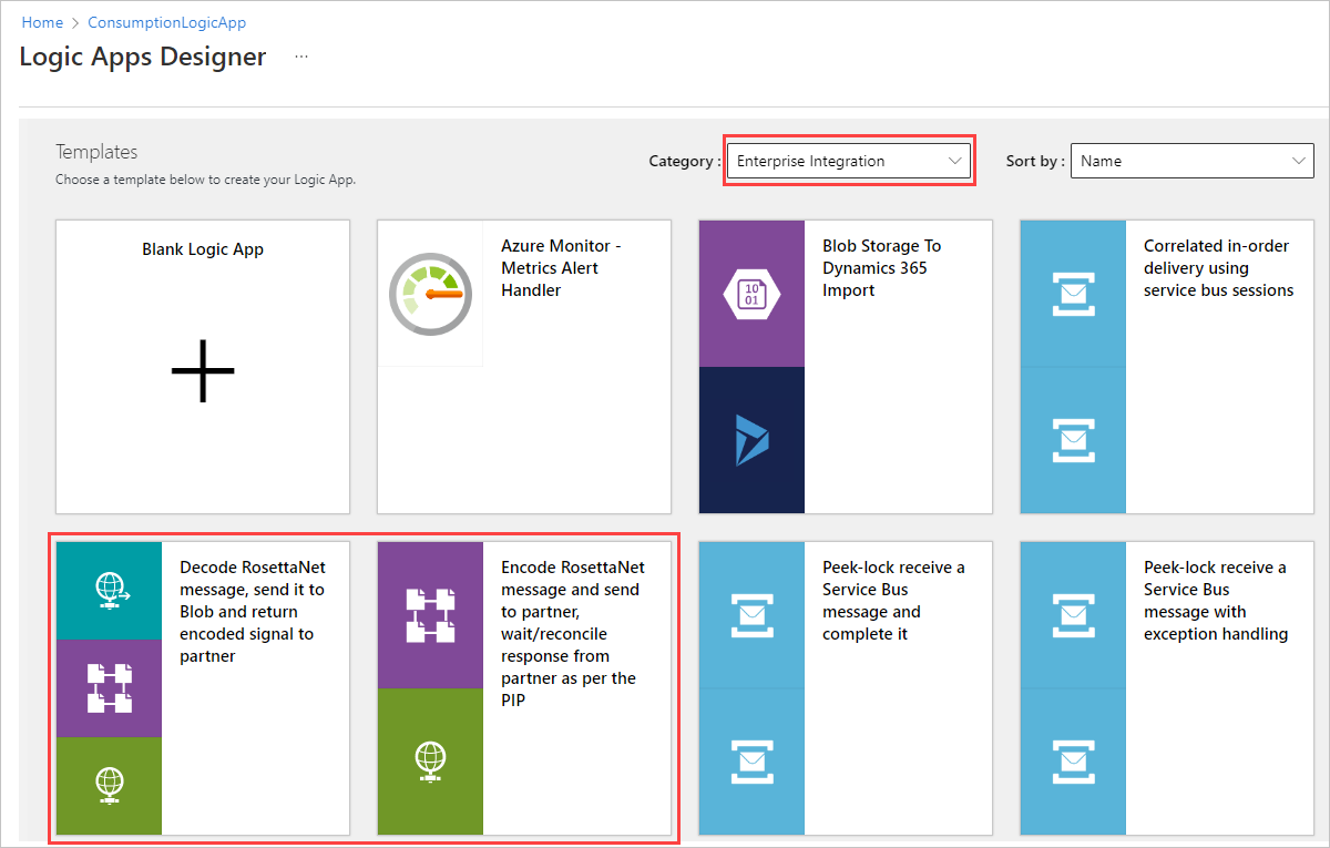 Captura de tela do designer. A categoria Enterprise Integration e os modelos para decodificar e codificar mensagens do RosettaNet são selecionados.