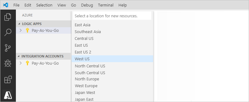 Selecionar a localização do Azure para salvar os metadados do aplicativo lógico