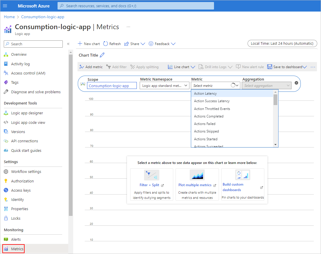 Captura de tela mostrando o portal do Azure, menu de recursos do aplicativo lógico de Consumo com Métricas selecionadas e a lista de métricas aberta.