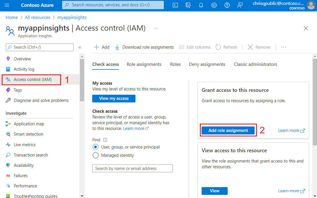 Captura de tela da plataforma do Azure para adicionar a atribuição de função nos Insights de Aplicativo.