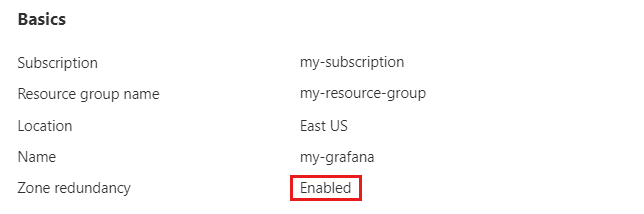 Captura de tela do portal do Azure. Crie uma página de revisão de formulário do workspace mostrando que a redundância de zona está definida como Habilitada.