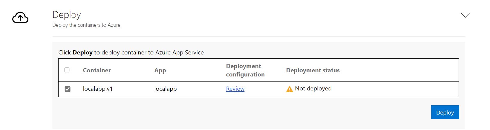 Captura de tela da configuração de implantação do aplicativo.