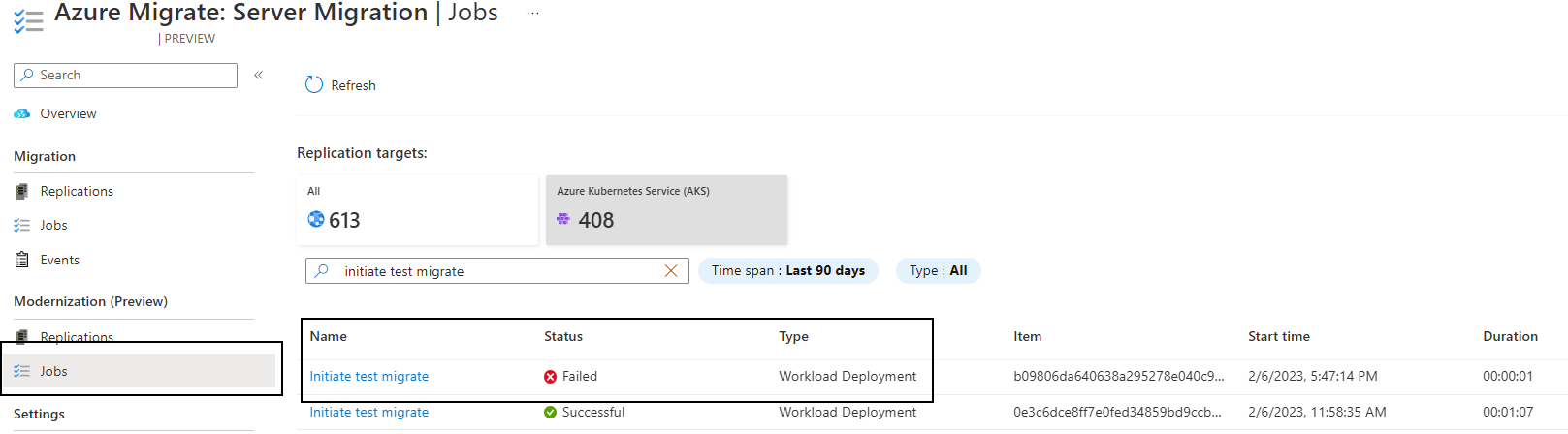 Captura de tela do trabalho de migração de teste com falha.