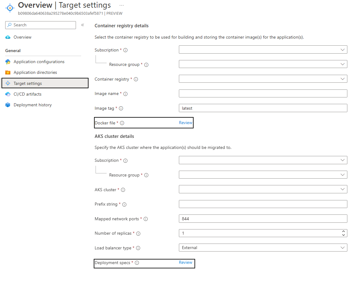 Captura de tela das configurações de destino no recurso de destino.