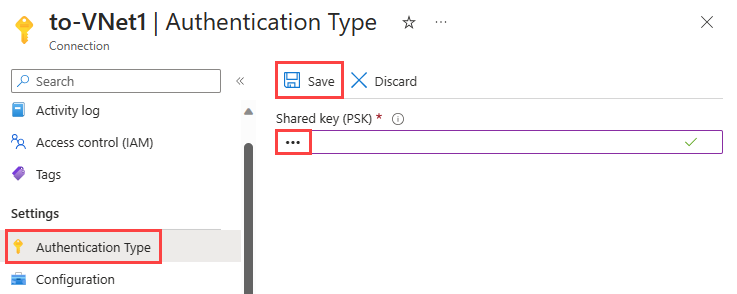 A captura de tela mostra a correção e salvamento da chave compartilhada da conexão de VPN no portal do Azure.