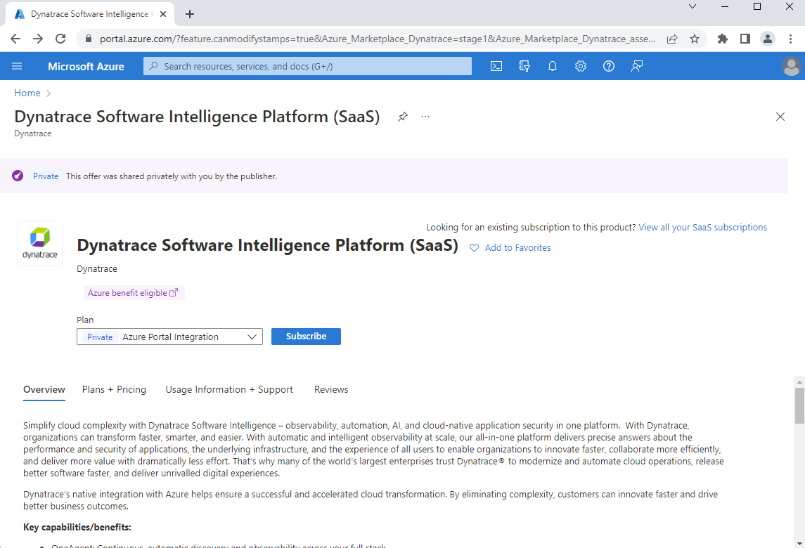 Captura de tela mostrando o Dynatrace no painel de trabalho para criar uma assinatura.