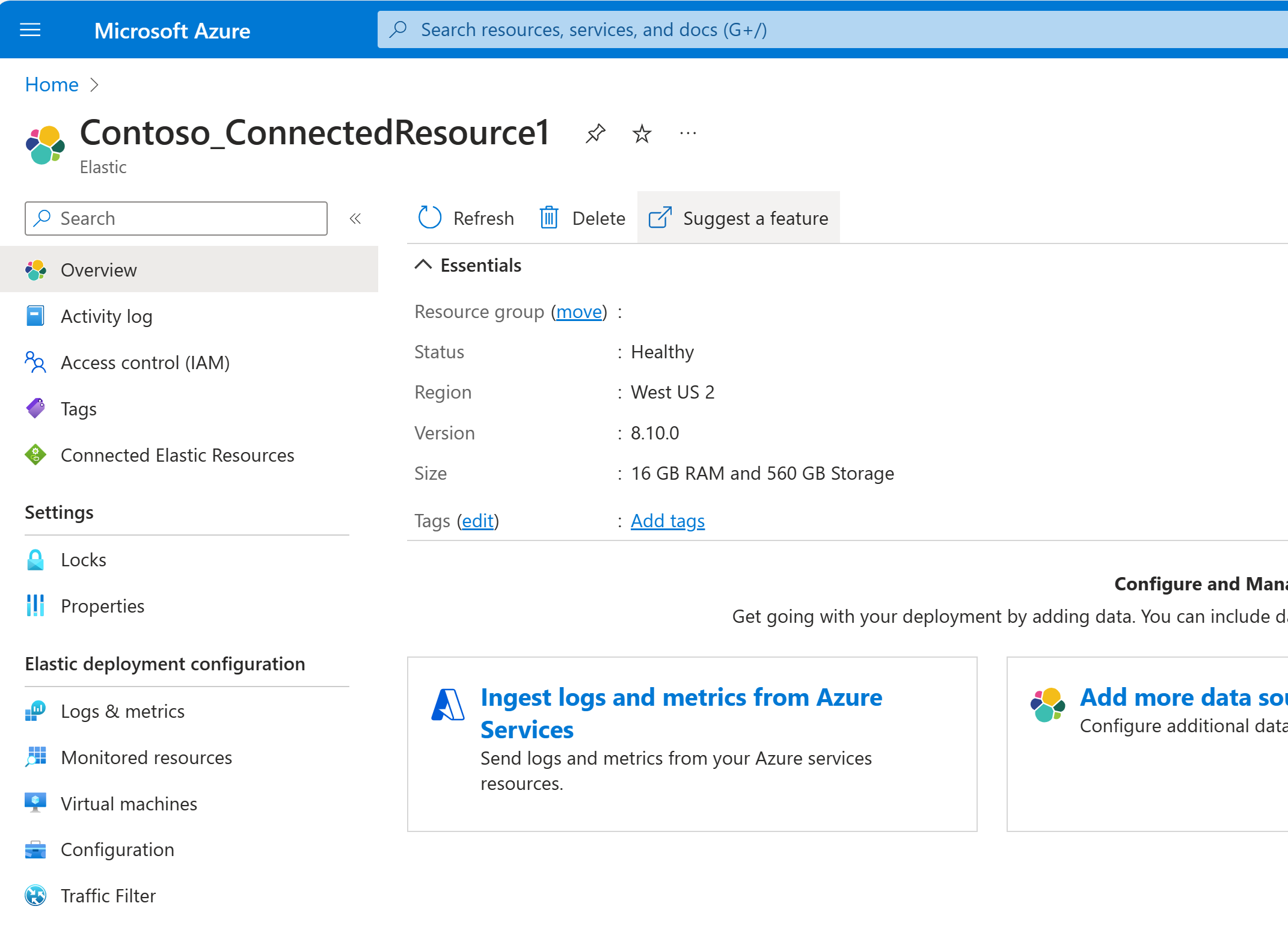 Captura de tela da sugestão de um recurso para a integração elástica com o Azure.