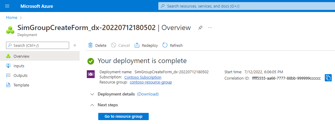 Screenshot of the Azure portal. It shows confirmation of the successful creation of a SIM group.