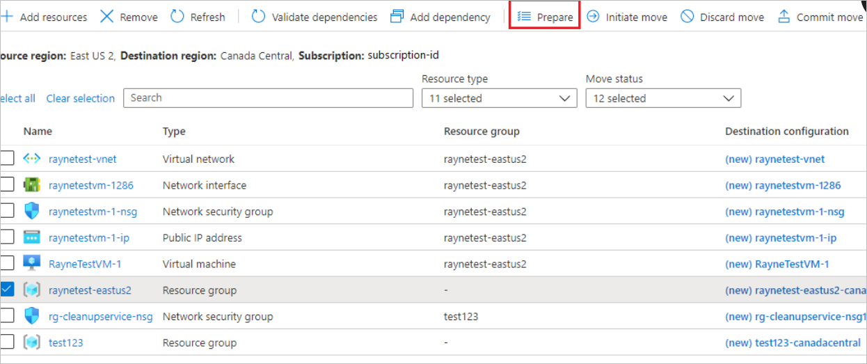 Botão para preparar o grupo de recursos de origem