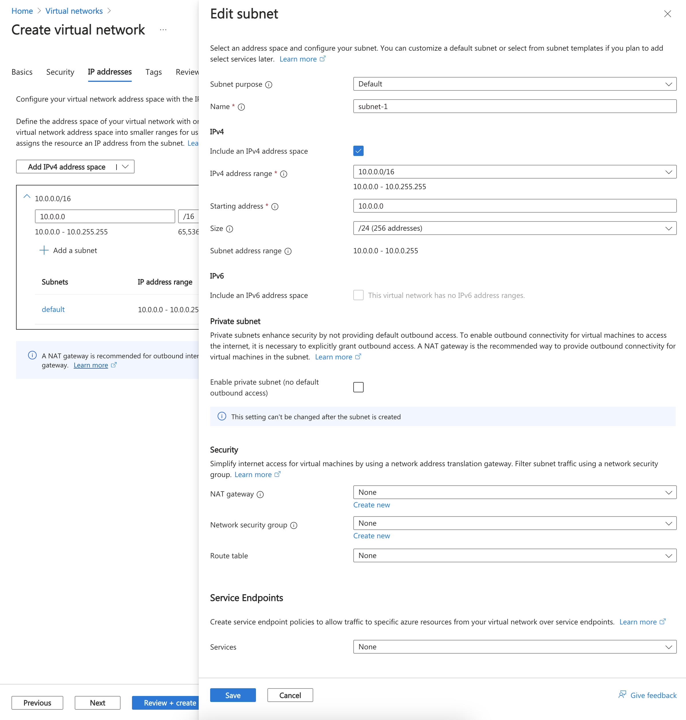 Captura de tela que mostra a renomeação e a configuração da sub-rede padrão.