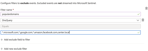 Captura de tela da filtragem de domínios para o DNS do Windows por meio do conector AMA.