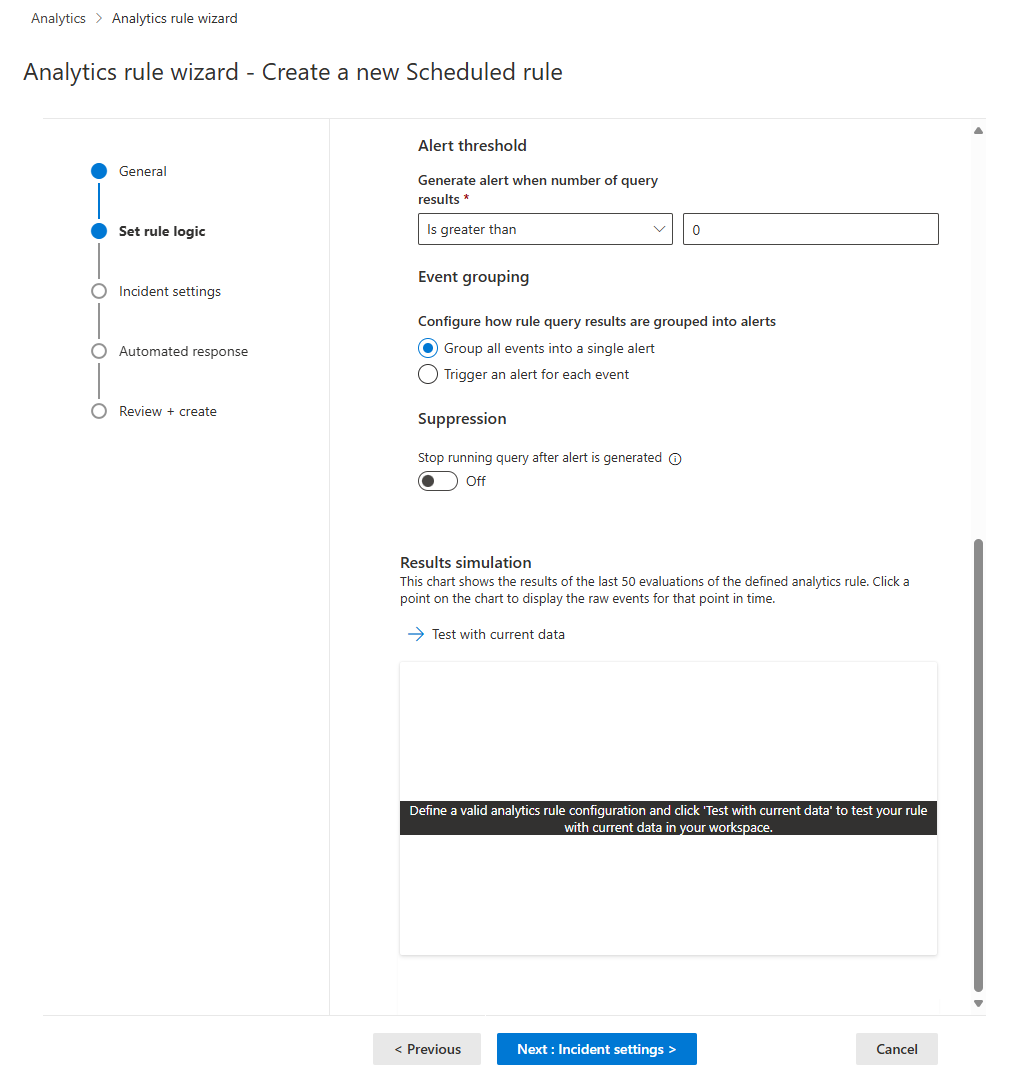 Captura de tela da segunda metade da guia definir lógica de regra no assistente de regra de análise no portal do Azure Defender.