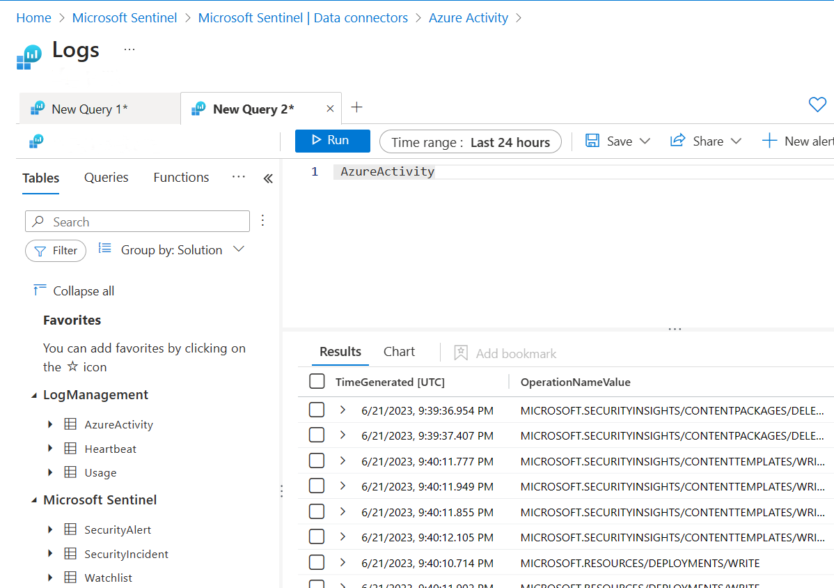 Captura de tela da janela de consulta de registro com os resultados retornados para a consulta da Atividade do Azure.