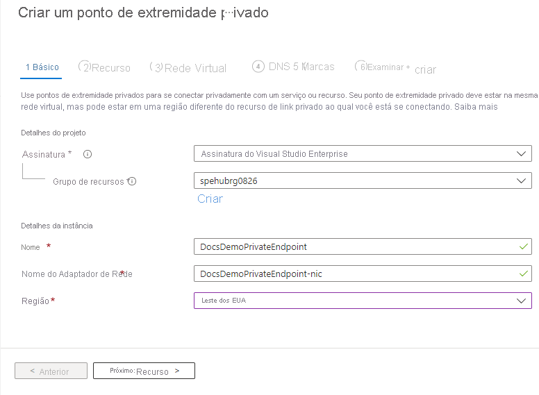 Captura de tela mostrando a página Noções básicas do assistente Criar um ponto de extremidade privado.
