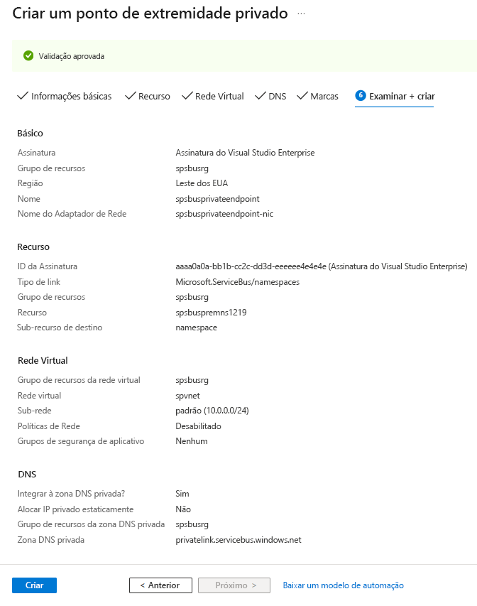 Captura de tela mostrando a página Examinar e Criar do assistente Criar um ponto de extremidade privado.