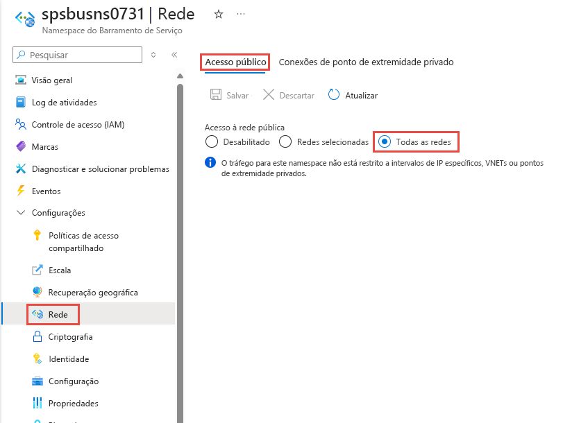 Captura de tela da página Rede do portal do Azure. A opção para permitir o acesso de todas as redes está selecionada na guia Firewalls e redes virtuais.