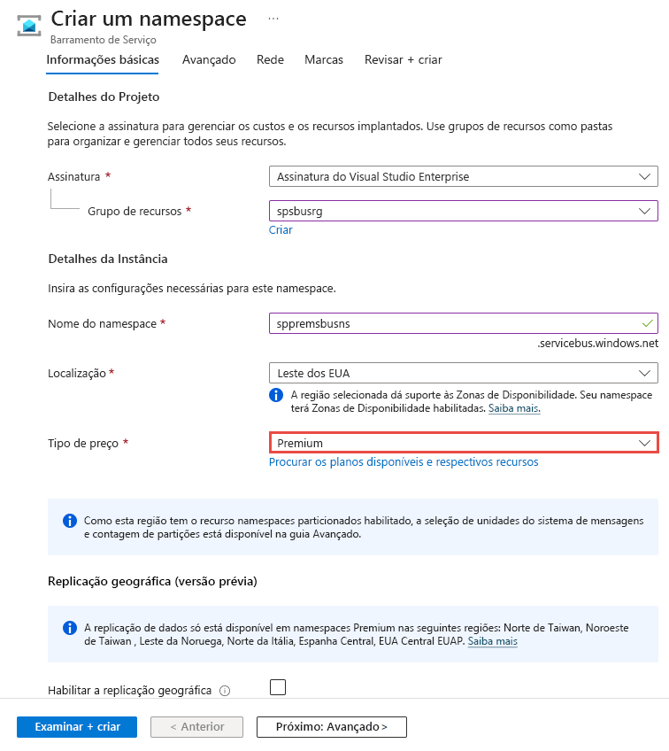 Captura de tela que mostra a seleção da camada Premium ao criar um namespace.