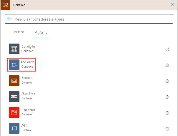 Captura de tela mostrando a operação For-each selecionada.