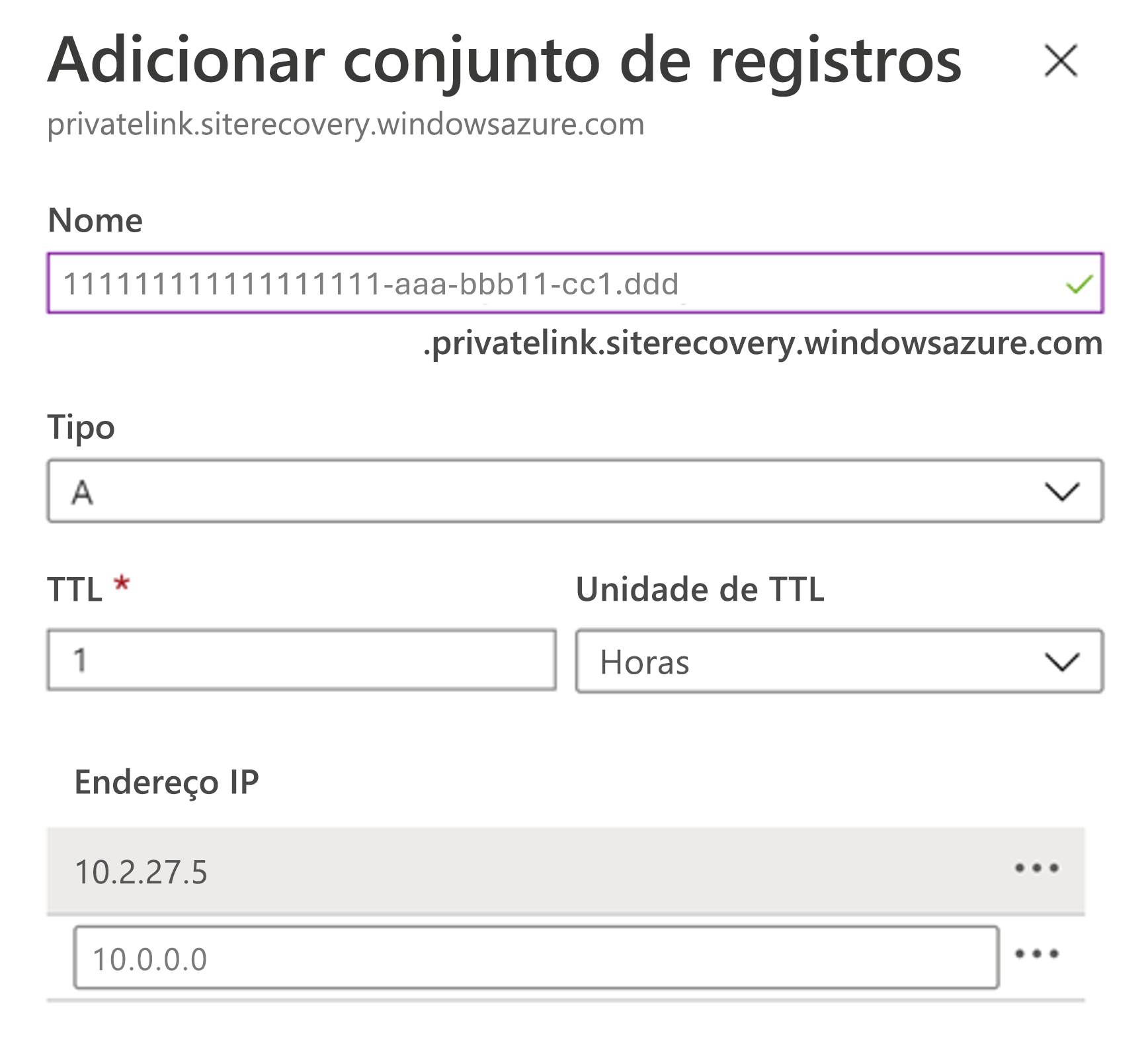 Mostra a página para adicionar um registro DNS do tipo A para o nome de domínio totalmente qualificado ao ponto de extremidade privado no portal do Azure.