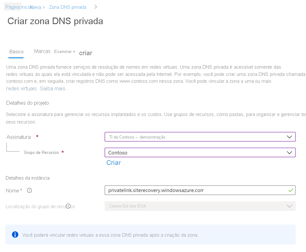 Mostra a guia Noções básicas da página Criar zona DNS privado e os detalhes do projeto relacionados no portal do Azure.