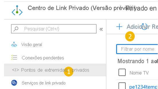 Mostra a criação de um ponto de extremidade privado no Centro de Link Privado.