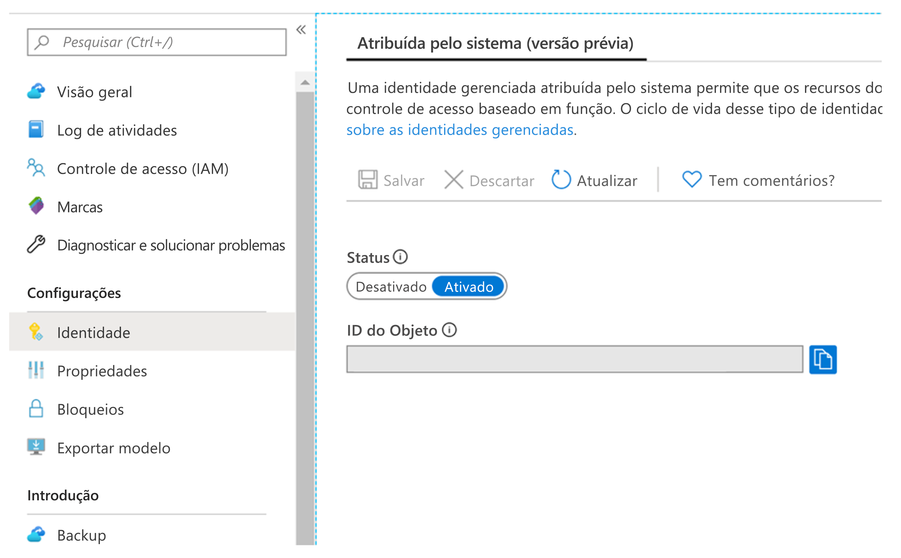 Mostra o portal do Azure e a página de Serviços de Recuperação.