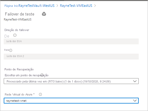 Página de configurações do failover de teste