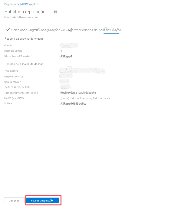 Captura de tela mostrando a seleção para habilitar a replicação de VMs do Azure.