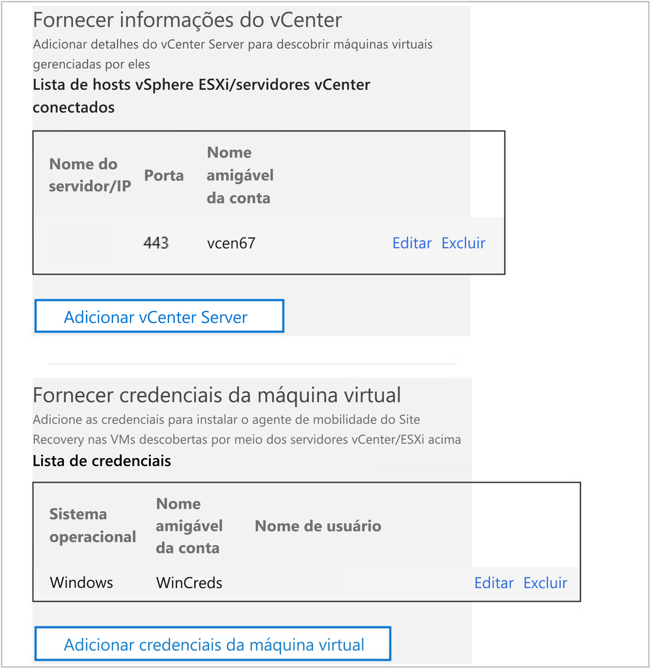 Captura de tela mostrando a configuração do vCenter.