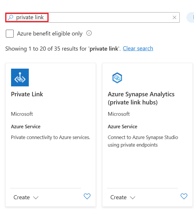 Captura de tela que mostra a pesquisa no portal do Azure para o Centro de Link Privado.