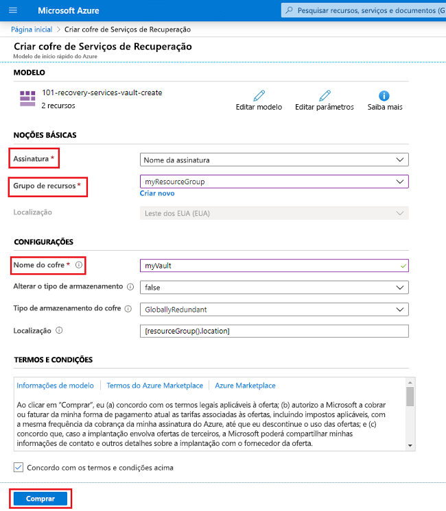 Modelo para criar um cofre dos Serviços de Recuperação.