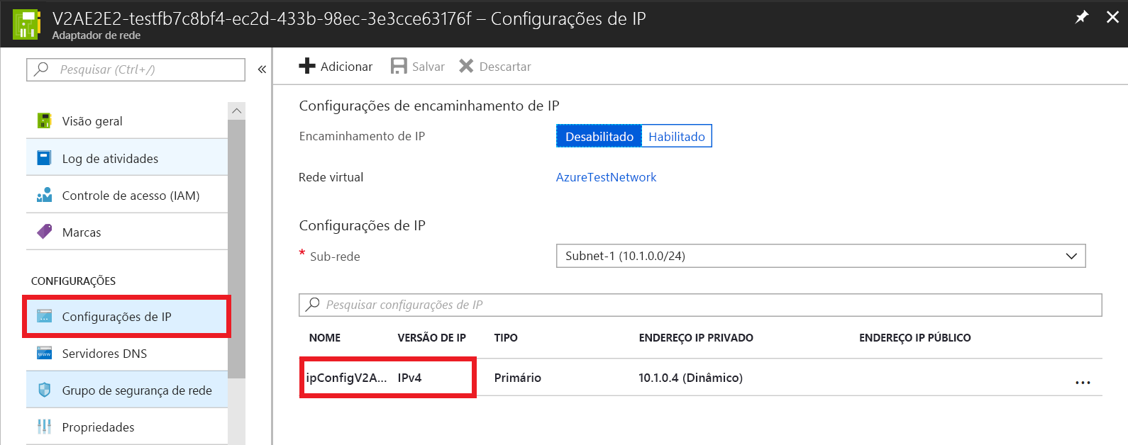 Captura de tela mostra a página de configurações I P para a interface de rede com o nome de configuração I P selecionado.