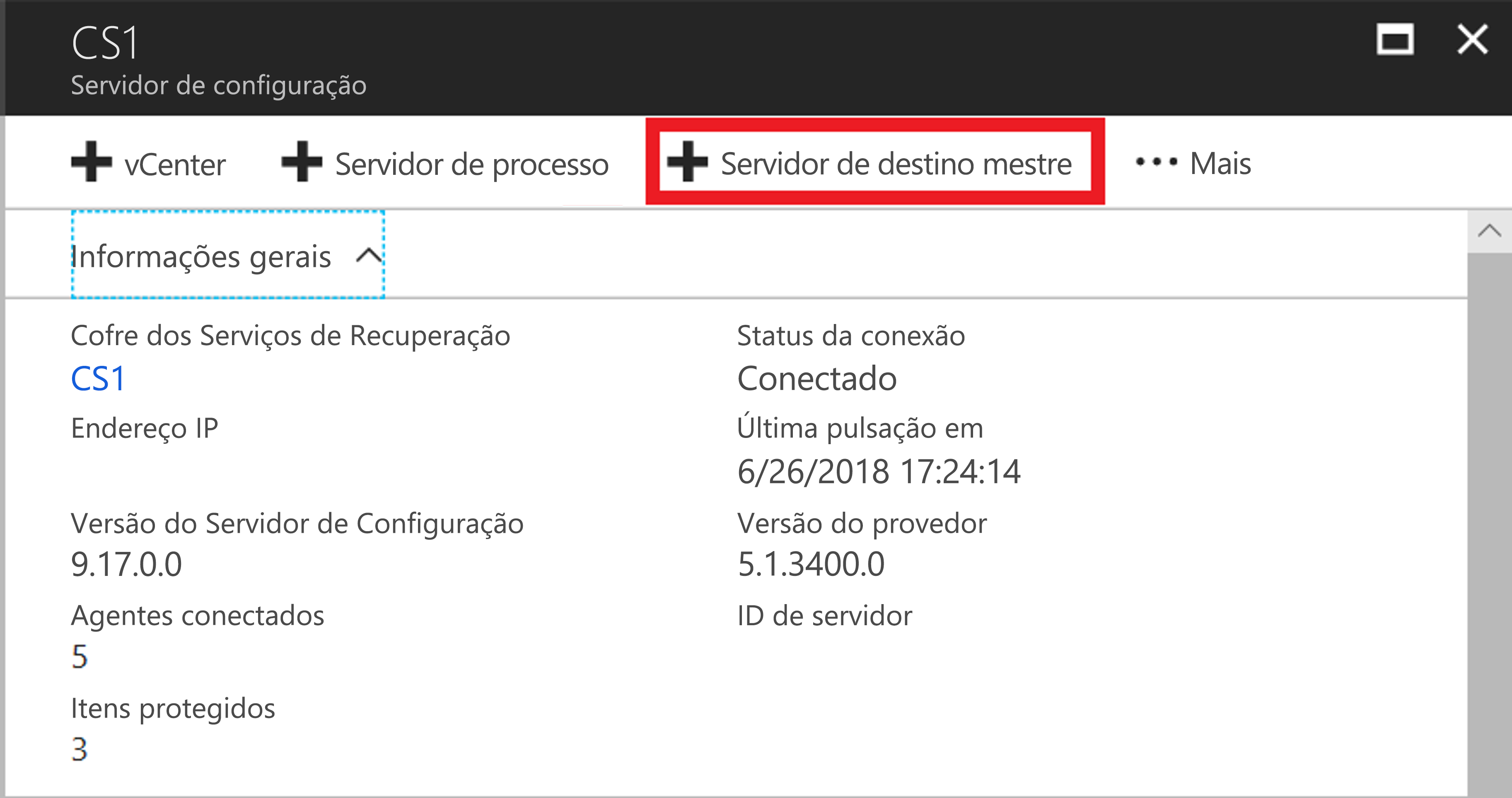 Captura de tela que mostra o botão Adicionar Servidor de Destino Mestre