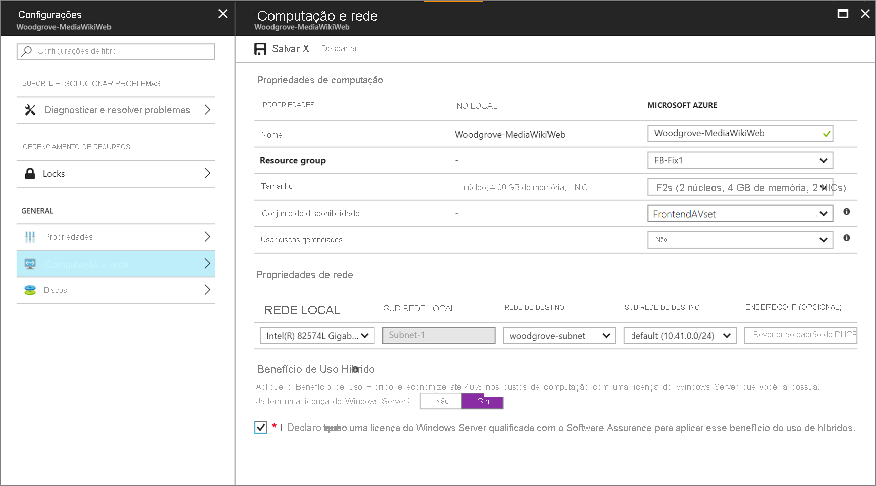 Janela Propriedades de computação e rede