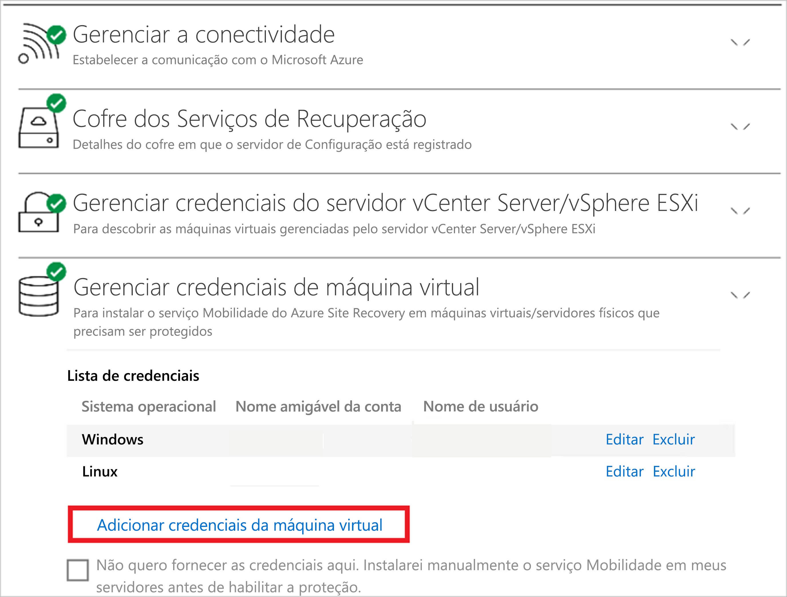 A captura de tela mostra o painel Gerenciar credenciais da máquina virtual com o link Adicionar credenciais da máquina virtual.