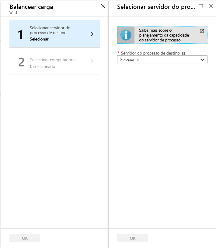 Captura de tela mostrando o painel de balanceamento de carga com a opção Selecionar servidor de processo de destino selecionada.