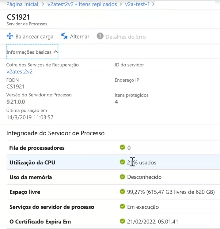 Detalhes do servidor de processo no painel da VM