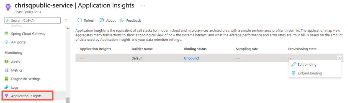 Captura de tela do portal do Azure que mostra a instância dos Aplicativos Spring do Azure com a página Application Insights e a opção ‘Editar associação’.