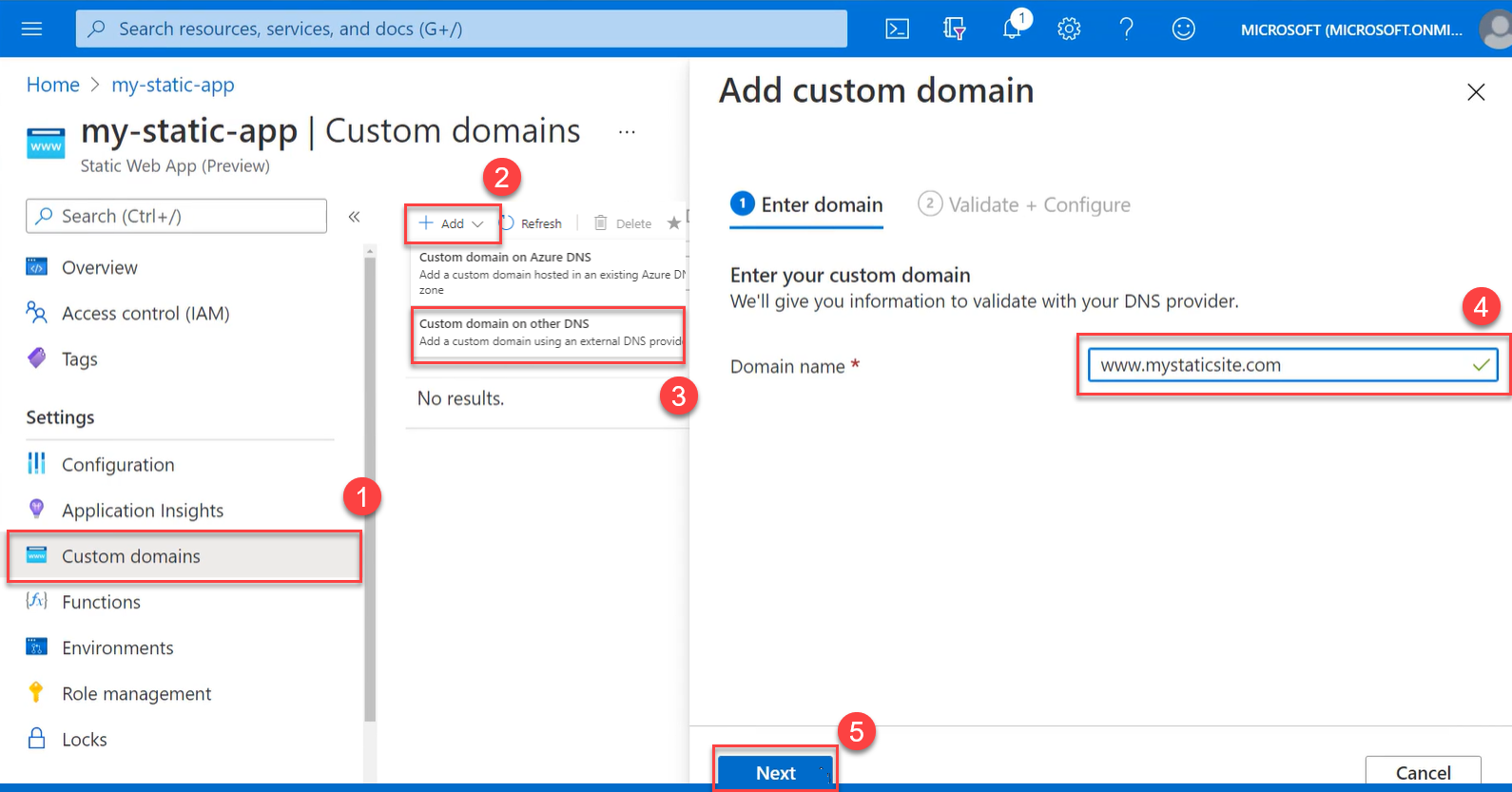 Captura de tela que mostra a sequência de etapas em Adicionar formulário de domínio personalizado.