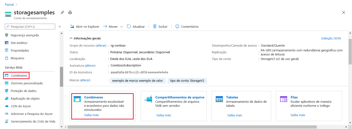 Captura de tela mostrando como navegar até os dados de blob no portal do Azure