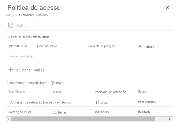 Captura de tela que mostra um contêiner configurado com uma política de retenção baseada em tempo e uma retenção legal