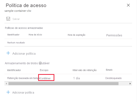 Captura de tela que mostra a política de retenção no nível de contêiner configurada para o contêiner