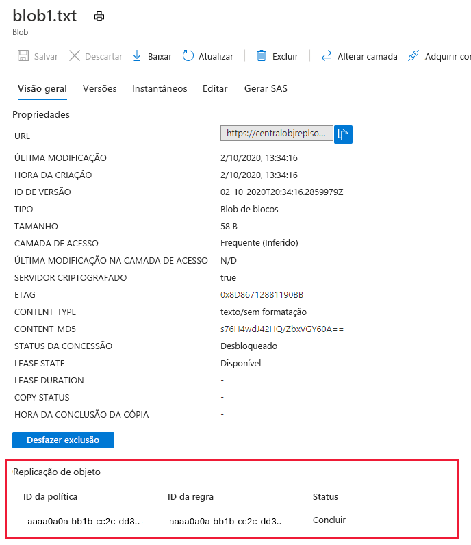 Screenshot showing replication status for a blob in the source account