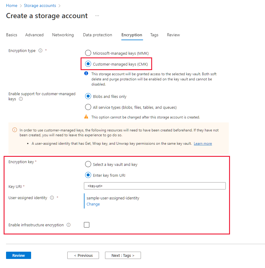 Captura de tela mostrando como inserir o URI da chave no portal do Azure.